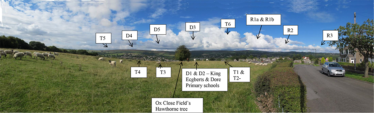 
View from Ox Close Ave indexing the approximate location from which each of the previous 13 inward looking photographs of Upper Bradway were taken.