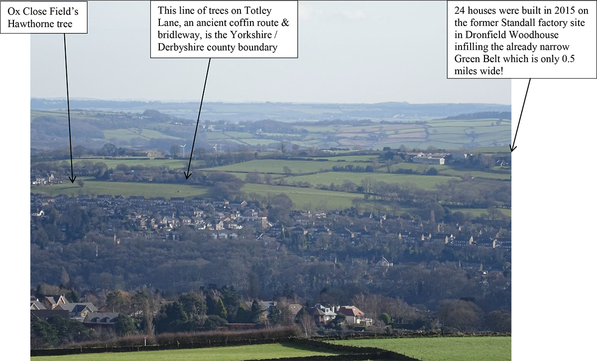 View point D3 (photo S7282) - altitude 320m - from the bus stop pull-in at the junction of Whitlow Lane and A625 between Sheffield and Fox House which is only approx. 100 metres from the boundary of the Peak District National Park.