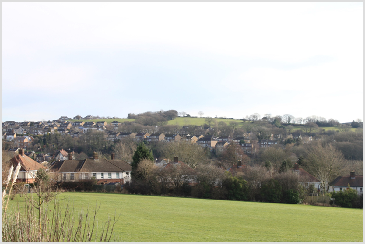 View point T1 (photo C7388) - altitude 165m - from just below Green Oak Park’s Bowling Green and Pavilion, Totley.